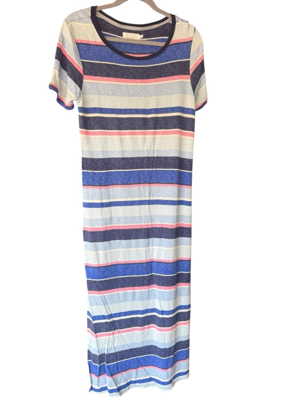 Striped Short-Sleeve Maxi Dress in Blue and Pink